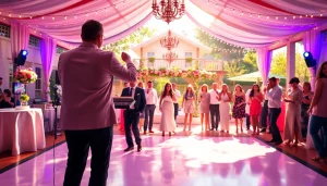 Engaging DJ services energizing a vibrant wedding reception with happy guests.