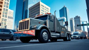 Jerr Dan tow truck parked on an urban street, emphasizing its professional design and durability.