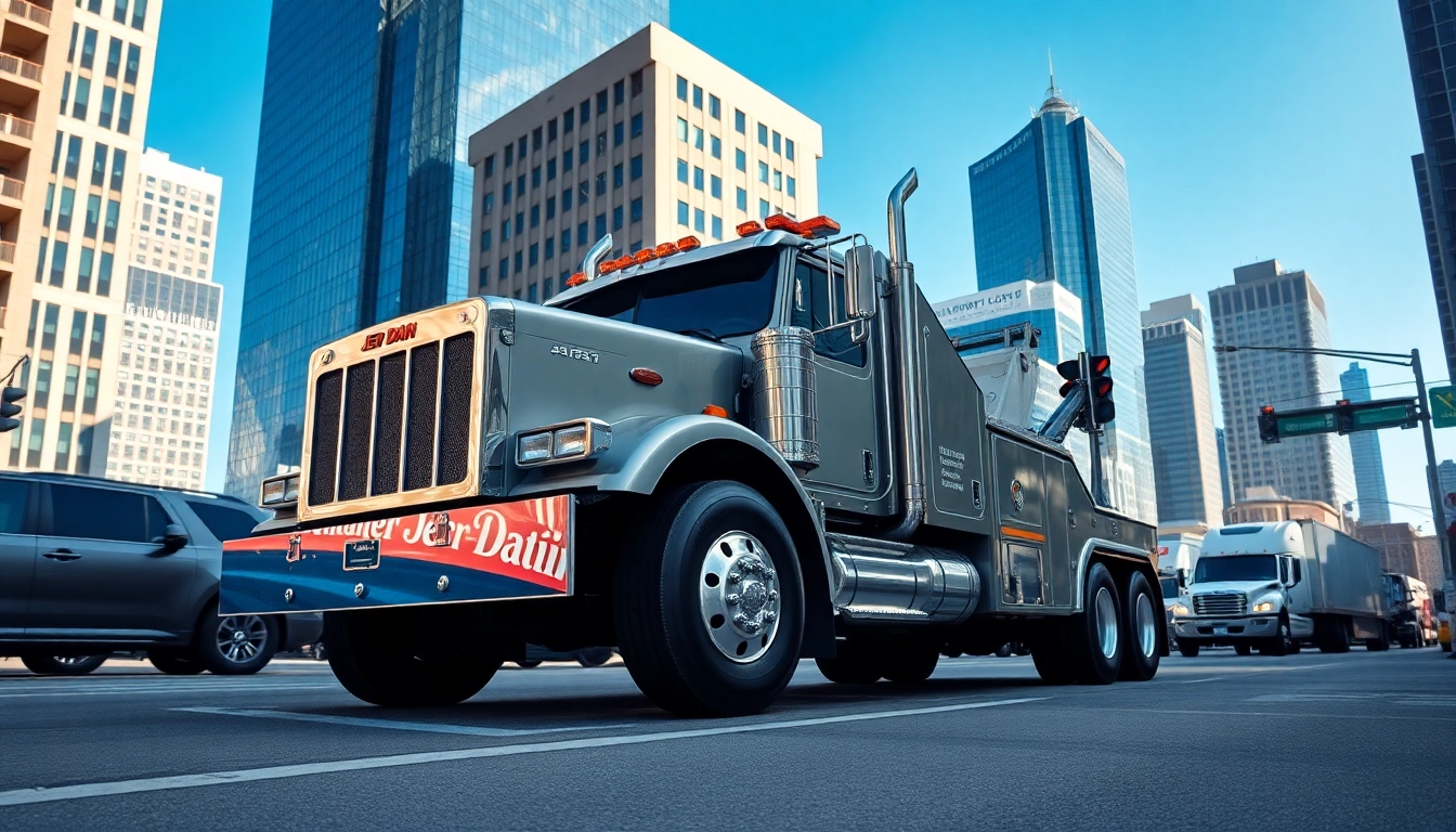 Jerr Dan tow truck parked on an urban street, emphasizing its professional design and durability.