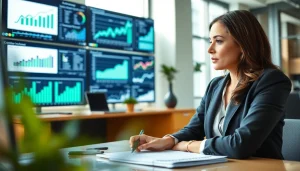 Analyze competitive intelligence data in a modern office setting with a professional businesswoman.