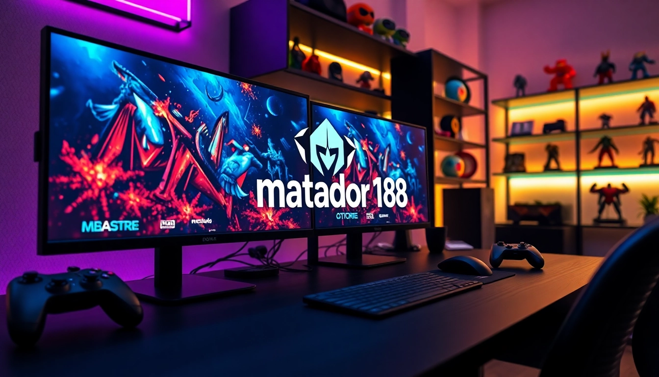 Menghadirkan matador168 logo di meja gaming yang stylish dengan suasana neon energik.
