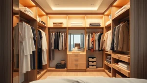Organized smart closet featuring stylish clothing and accessories in a modern bedroom setup.