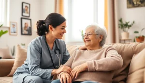 Engaged caregiver provides austin senior home care to a senior in a cozy living room setting.
