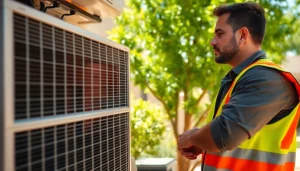 Technician performing maintenance on scottsdale ac unit in a sunny residential area.