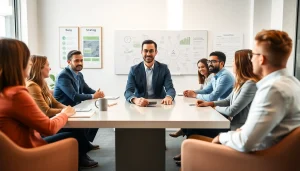 Engaged professionals in a business coaching service session showcasing collaboration and growth.