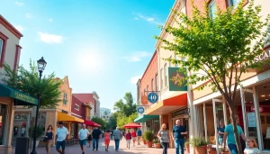 Engaging view of Clarksburg's vibrant street life filled with local shops and greenery.