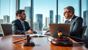 A prominent eminent domain lawyer consulting with a client in a modern office setting.