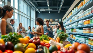 Explore smart buying tips for health products in a vibrant shopping environment showcasing healthy choices.