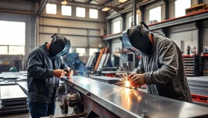 Crafting custom steel fabrication in a bustling workshop filled with skilled artisans and machinery.