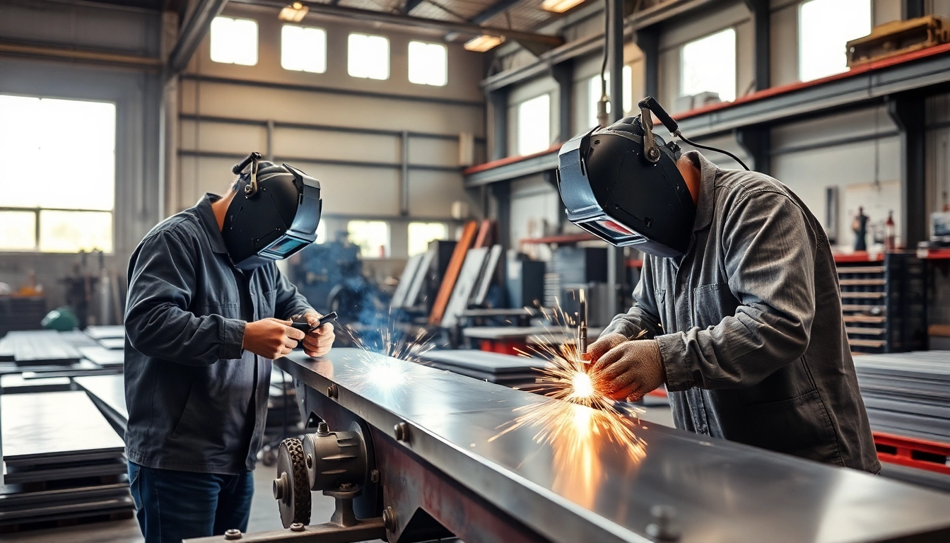 Crafting custom steel fabrication in a bustling workshop filled with skilled artisans and machinery.